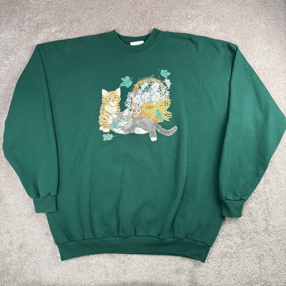 Endless Designs 3XL Green Kitten Cat Sweatshirt Floral USA 90s Cottage Grandma